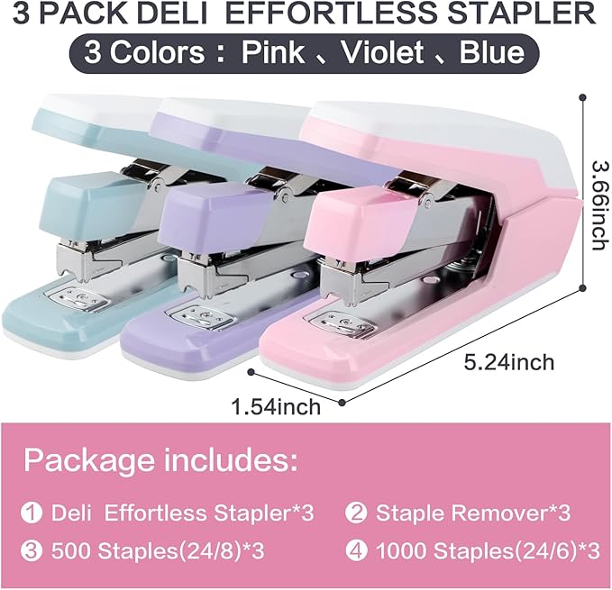 Deli Stapler, Effortless Staplers for Desk, 40-50 Sheet Capacity Heavy Duty, One Touch, No Effort, Easy to Load, with 1500 Staples & Staple Remover, 3 Pack, 3 Colors