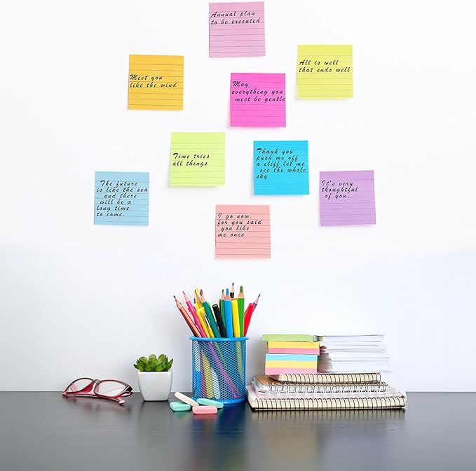 (24 Pack) Lined Sticky Notes 3x3 in Ruled Stickies Super Sticking Power Memo Pads,12 Bright Multi Colors Sticky Notes with Lines Self-Stick Note Pads