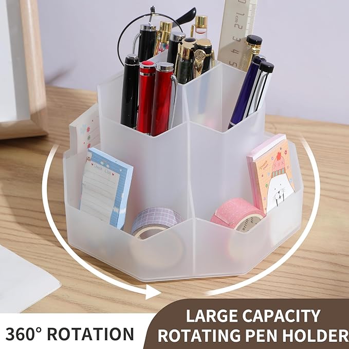 INSTOME Desktop Organizer with Pencil Holders,360°Rotating Pen Holder for Desk Organizer,9 Compartments and Makeup Brush Holders,Multifunctional Office Supplies for Home,Teachers and School (Clear)