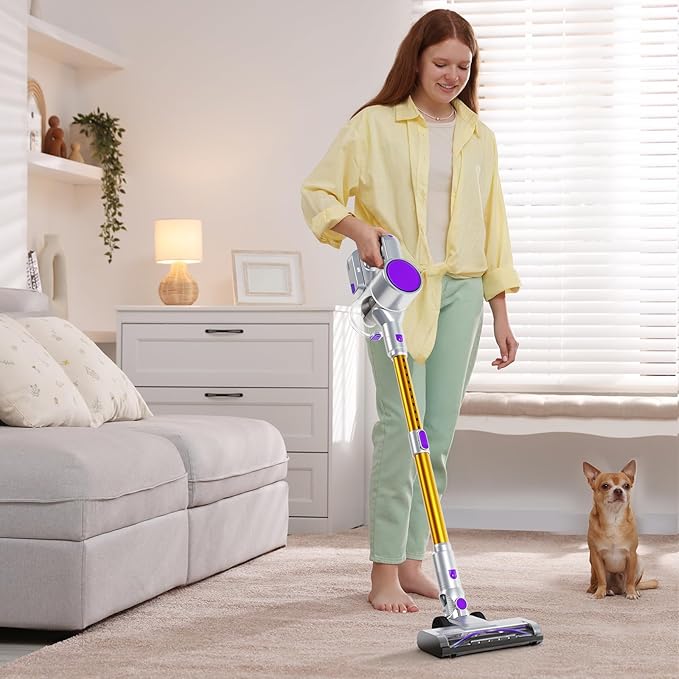 DUMOS Cordless Vacuum Cleaner, Lightweight Stick Vacuum Cleaners for Home, Powerful Suction & LED Lights Rechargeable Battery for Carpets, Pet Hair, Hardwood Floors