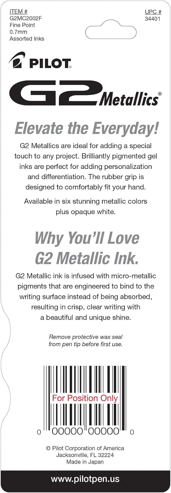 PILOT G2 Metallics Refillable & Retractable Rolling Ball Gel Pens, Fine Point, Assorted Color Inks, 2-Pack (34401)