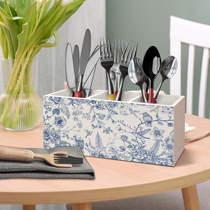 Chinoiserie Floarl Pen Holder for Home Office Desk, Vintage Home Decor, Chinoiserie Blue and White Floral Birds Makeup Brush Toothbrush Holder Organizer for Bathroom Desk Accessories