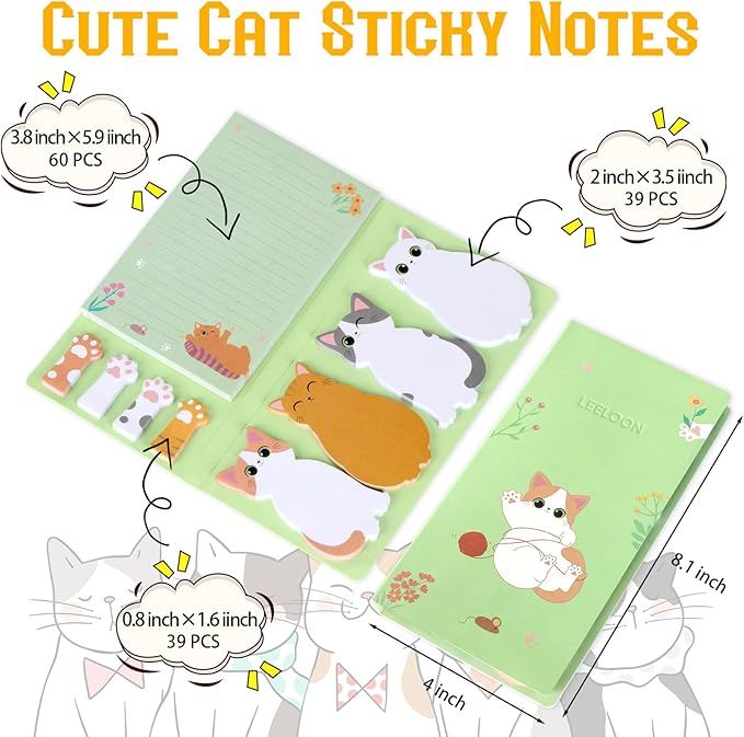 Cat Sticky Notes Set, 360 Sheets Cute Cartoon Animal Cat Self-Stick Notes Pads Cat Themed Memo Pads Cat Paw Page Markers Sticky Index Tabs for Cat Lovers Students Office School Supplies