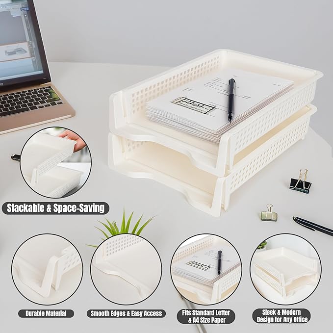 Letter Tray Desk Organizer – Stackable Paper Organizer for Home & Office, Durable Plastic Paper Tray for Desk, A4 & Letter-Size Document Holder (White)