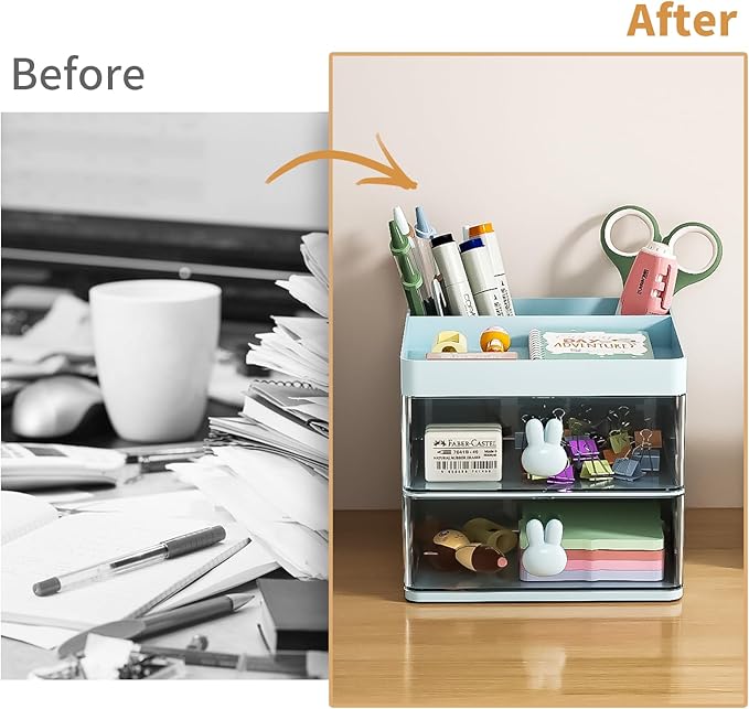 Marbrasse Small Desk Organizer with Drawer, Multi-Functional Pen Pencil Holder Storage Box, Desk Organizers and Accessories with 3 Compartments + 2 Drawer for Office Art Supplies(Blue)