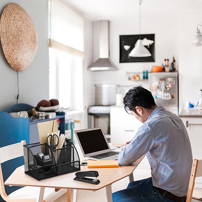 Black Desk Organizer and Accessories, Black Desk Asccessories Office Supply Kit Include Mesh Desktop Organizer Stapler 1000 Staples Tape Dispenser Pen Holder Staple Remover Clips Ruler Scissors