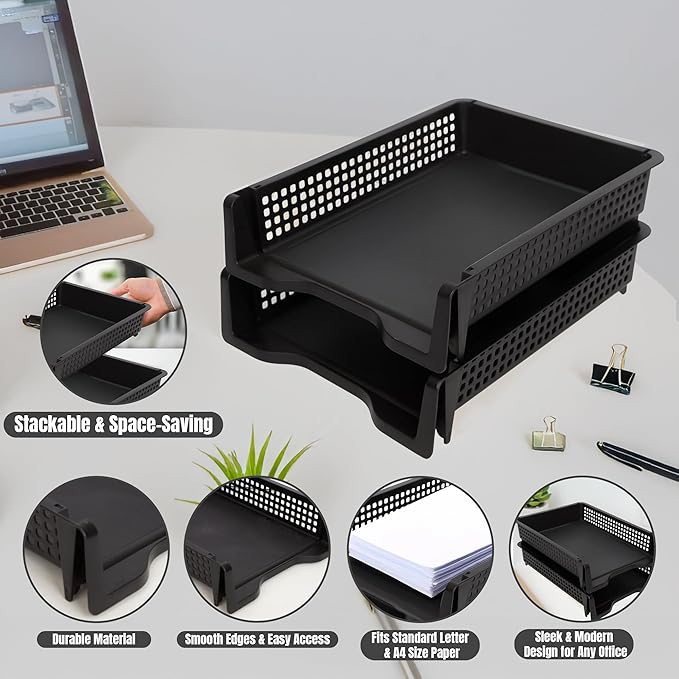 Letter Tray Desk Organizer – Stackable Paper Organizer for Home & Office, Durable Plastic Paper Tray for Desk, A4 & Letter-Size Document Holder (Black)