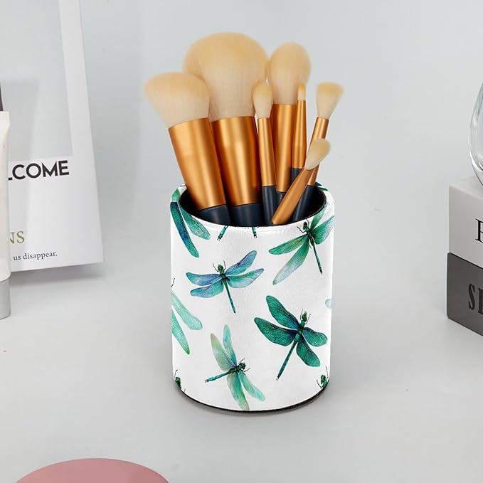 Leather Pen Holder for Desk Dragonflies Cute Pattern Pencil Cup Desktop Organizer Makeup Brush Holders Office Supplies for Home, Kids & School