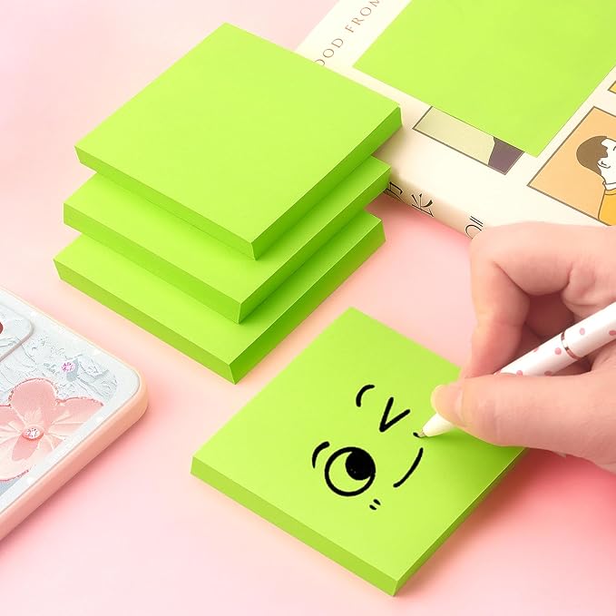 Sticky Notes 3x3 Pop Up Self-Stick Notes Pads with Bright Colors, Easy to Post for Office, School, Home, 4 Pads/Pack, 90 Sheets/Pad (Green)