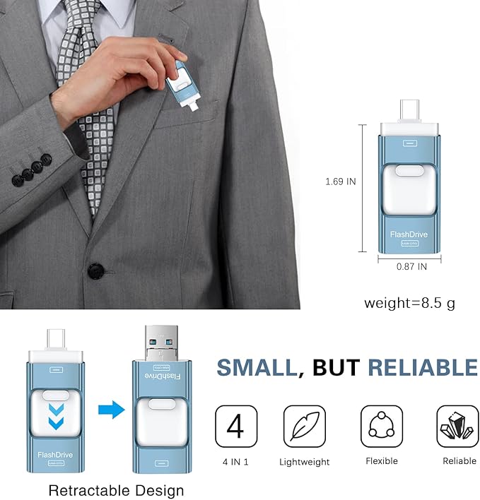 Flash Drive for iPhone 256GB, 4 in 1 USB Type C Memory Stick, Photo Stick External Storage Thumb Drive for iPhone iPad Android Computer, Sky Blue