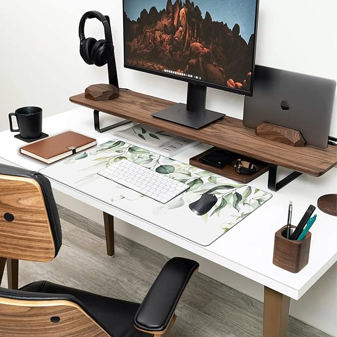 Large Gaming Mouse Pad for Desk, Watercolor Green Leaves and Branches Desk Mat for Desktop, Non-Slip Rubber Base Stitched Edges Long Computer Keyboard Mouse Mat Desk Pad for Home Office 35.4"X15.7"