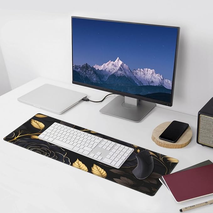 Gaming Mouse Pad, Large Non-Slip Rubber Base Mousepad, Keyboard Mouse Mat, Desk Pad with Stitched Edges, 31.5x11.8inch, Black Flower