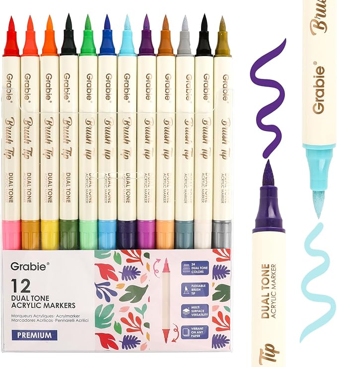 Grabie 24 Colors Paint Markers, Acrylic Paint Pens with 12 Dual-Color Brush Tips, Dual Tone Acrylic Markers for Rocks, Acrylic Paint Markers for Art Supplies (24 Dual Tone Colors)