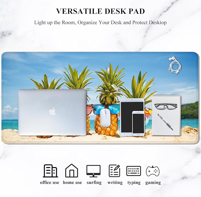 Auhoahsil Large Gaming Mouse Pad, Beach Theme XXL 35.4 x 15.7 in Desk Pad Stitched Non-Slip Rubber Long Computer Mousepad Thin Extended Full Size Desk Mat for Desktop, Laptop, Wireless Mice, Blue