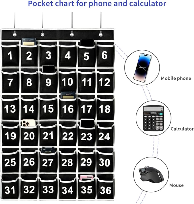 36 Pockets Black Numbered Classroom Pocket Chart for Cell Phones, Hanging Pocket Chart Storage for Classroom Phone Calculator Holder with 4 Hooks (Black-36pockets)