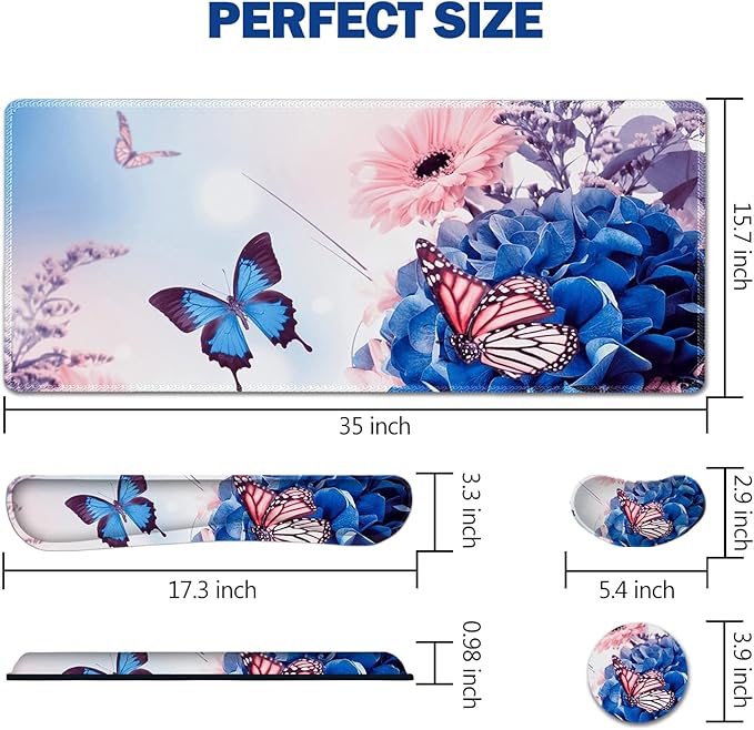 AIMSA Large Gaming Mouse Pad Set, Keyboard Wrist Rest Support Mouse Pad, Ergonomic Memory Foam Multifunctional Extended Desk Mat 35x15.7in Anti-Slip Rubber Base for Office Home, Butterfly Flower