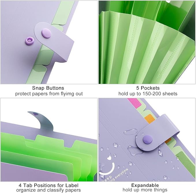 Forvencer Accordion File Organizer, Letter Size, 5 Pocket Expanding File Folder, Cute File Folder with Labels, Portable File Organizer for School Office Supplies, Folders for Documents, Purple