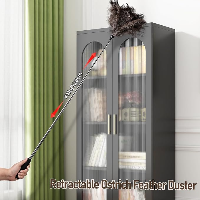 MehelloFeather Ostrich Feather Duster 16.5-47Inch Reusable Fluffy Natural Detachable Ostrich Feather Duster Used for Household Cleaning and High-Altitude Cleaning (1PCS)