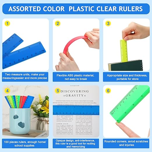 Zonon 100 Pcs 6 Inch Rulers Bulk Plastic Flexible Small Straight Rulers with Inches and Centimeters First Day of School Gift for Students Back to School Office Supplies(Bright Color, Opaque)
