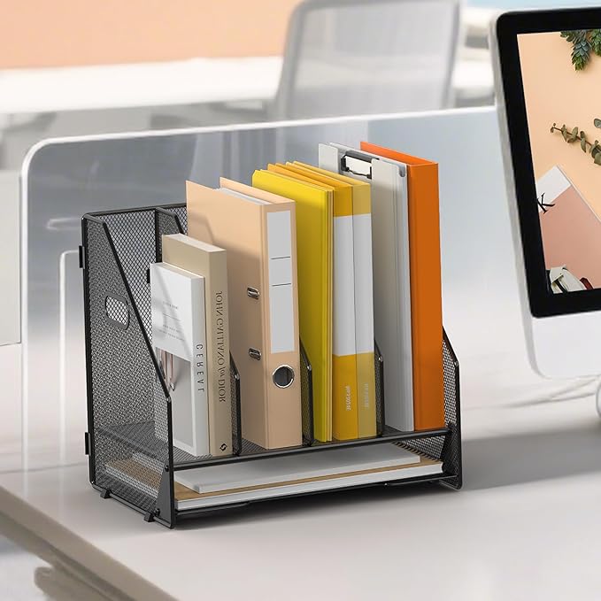 Desk File Folder Holder Organizer-4 Vertical Compartments Racks and Paper Letter Tray,Mesh Magazine File Holder Sorter,Desktop Accessories & Workspace Organizers for Home,Office,School-Black