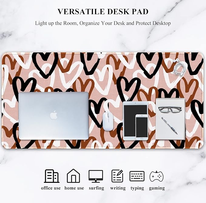 Auhoahsil Large Mouse Pad, XXL Desk Pad, Extened 35" x 15", Non-Slip Rubber Base, Stitched Edges, Superior Surface, Waterproof Keyboard Mat, Large Mousepad for Gamer, Office & Home, Brown Heart