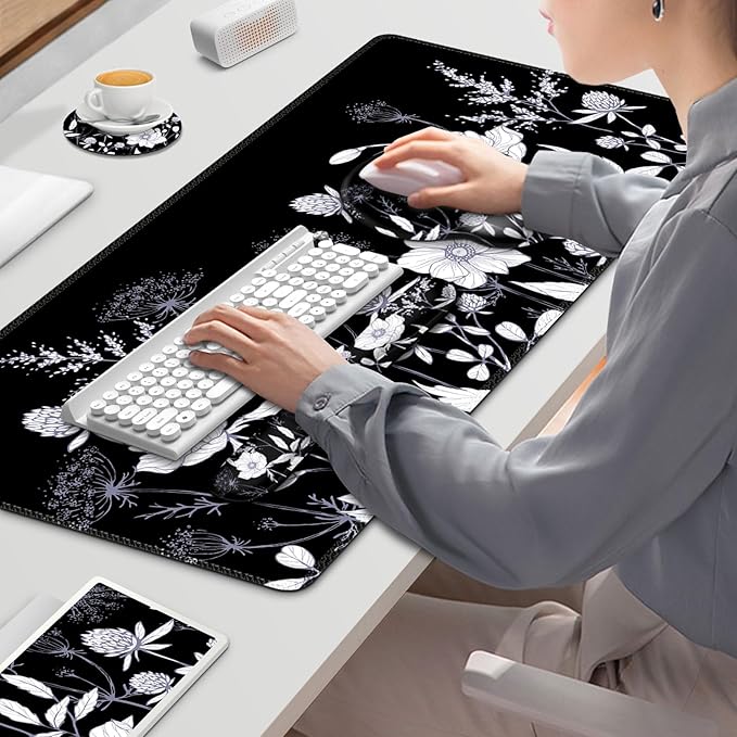 Gaming Mouse Pad, Large Desk Mat, Cute Desk Pad Protector, 4in1 XXL Mousepad + Keyboard Wrist Rest+Mouse Wrist Rest+Coaster Set with Ergonomic Desk Pad for Home Office PC Computer, Black White Flowers