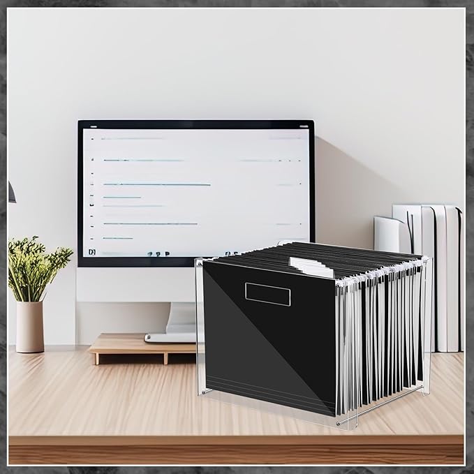 24 Hanging File Folder with Acrylic Organizer for Letter/a4 Size Desktop Clear File Storage Box with Handles for Home Work Office Use(Black,Classic)