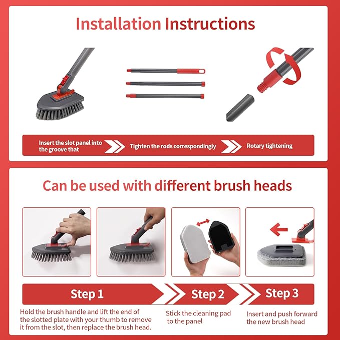 Tile Tub Scrubber Brush No Scratch with 4 Different Function Cleaning Heads and 51" Long Handle- Shower Scrubber for Cleaning Bathroom Kitchen Toilet Wall,Bathtub,Sink,Floors, Walls, mats, Ceilings