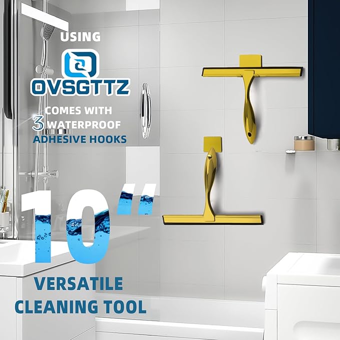 OVSGTTZ Stainless Steel Shower Squeegee for Glass Door with 3 Adhesive Hook, Glass Cleaning Squeegee for Bathroom & Household Window, Mirrors, Tiles and Car, Clear 10 Inches Golden