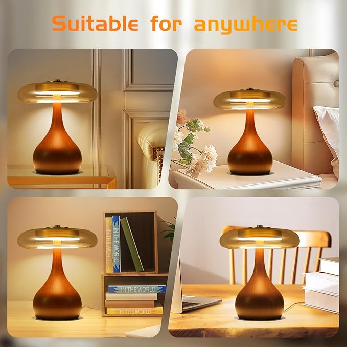 Small Table Lamp for Bedroom-Wooden Base Teardrop Mushroom Table Lamps,Amber Glass Shade,LED Three Color Temperature Adjustable Brightness Modern LED Side Table and Desk Lighting(H 9.7 in)
