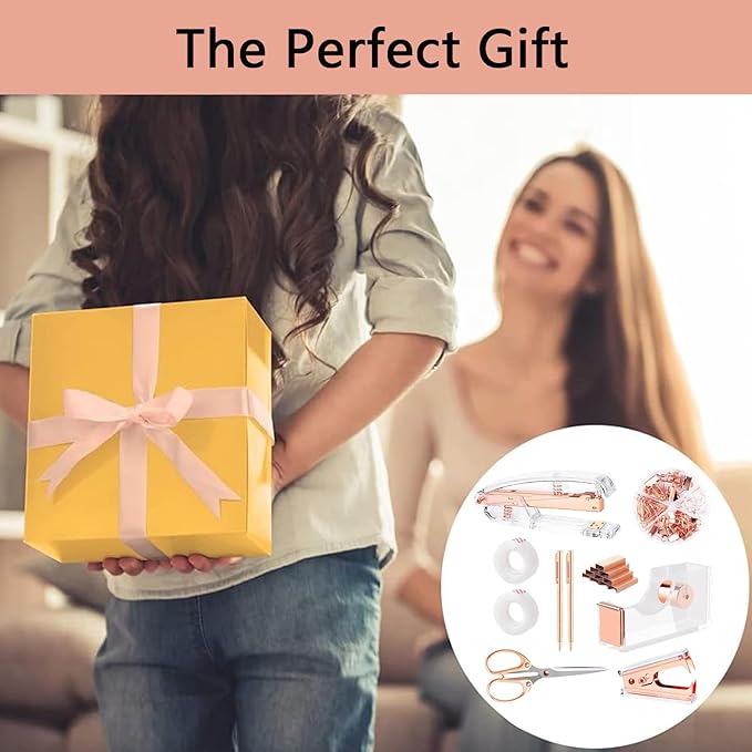 Office Supplies,Desk Accessories,with Stapler,Tape Dispenser,Staple Remover,Scissor,Ballpoint Pen,Clear Tape,Staples,Binder,Best Gift Set(Rose Gold)