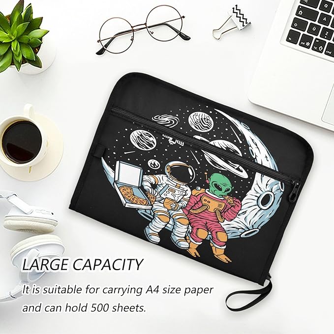 Gredecor 13 Pockets File Folder Organizer A4/Letter Water Resistant Astronauts and Aliens Moon Document Bag with Zipper Filing Folder Expanding File Pouch Storage for School Office