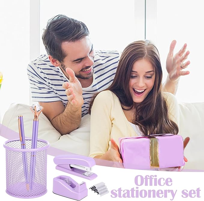 13 in 1 Purple Desk Office Supplies Set, Purple Stapler and Tape Dispenser Desk Accessories for Women with Stapler,Tape Dispenser,1000 Staple,Pen Holder,Staple Remover,Clip,Ruler,Scissor, Tab,Tape,Pen