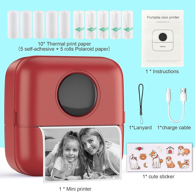 HuiJuKeJi Mini Sticker Printer Bluetooth Smart Pocket Inkless Thermal Printer with 11 Rolls Thermal Paper and Sticker for iOS&Android, Portable Receipt Printer for Photo Note Memo (Brown red)