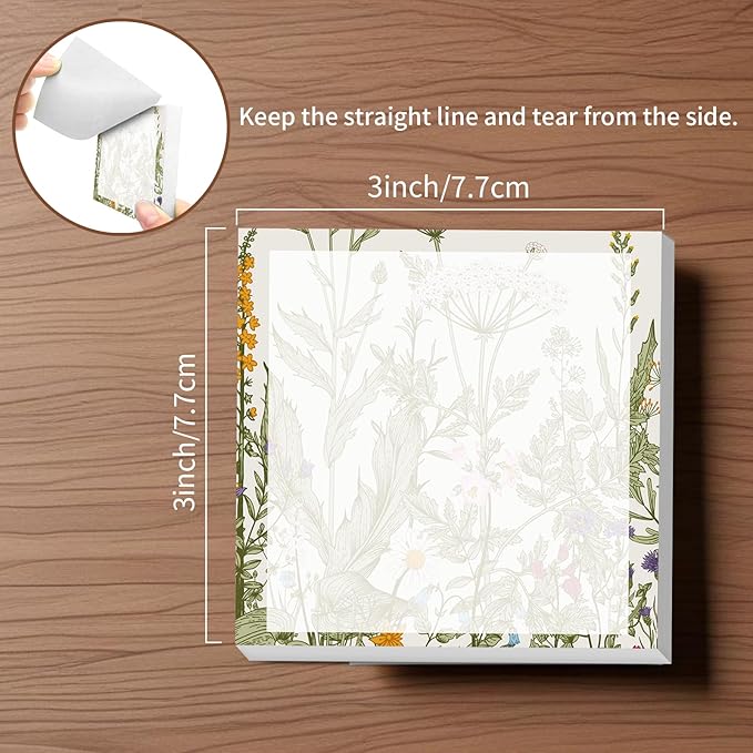 Sticky Notes, 2 Pads, 3x3 inches, Cute Colorful Fun Self-Stick Note Pads, Easy Post, Strong Adhesive Notepad Wildflower Drawing