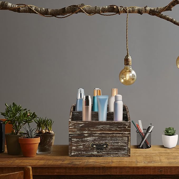 Office Desk Organizer with Drawers & Dark Brown Vintage Wood Desktop Storage Caddy 2pcs/set Workspace Supplies Farmhouse Mail Countertop Organizer Makeup Storage Box for Home Decor Supplies Vanity……