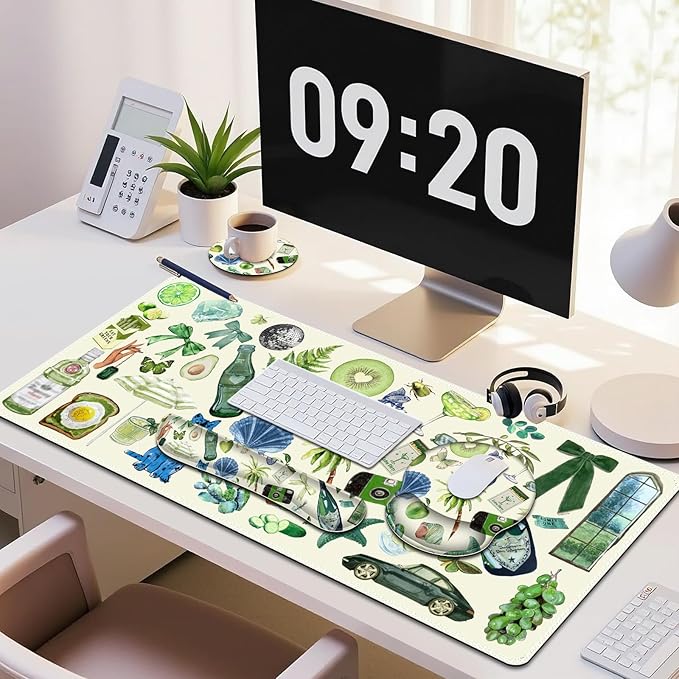 Mouse Pad, 4 in1 Large Desk Mat, Desk Pad Matt for Desktop, Anti-Slip XXL Big Computer Ergonomic Mousepad with Wrist Support for Keyboard and Mouse for Women I Green Theme Stickers