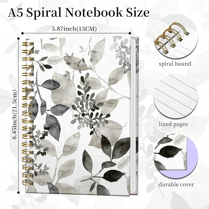 Spiral Notebook Journal for Women Men, A5 Hardcover Journal, 120 Pages Thick Paper, College Ruled Writing Notebook for School, Work & Office 8.3'' × 5.9''(Watercolor ink leaves)