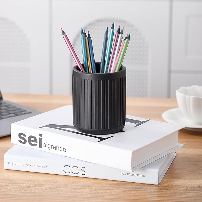 Aesthetic Charcoal Black Pen Holder for Desk - Concrete Modern Sturdy Black Pencil Holder for Desk- Cement Fluted Pen Cup Organizer - Minimalist & Modern Industrial Aesthetics to Office Decor