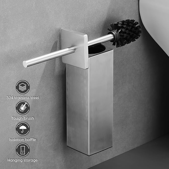 JOVYXIE Brushed Stainless Steel Square Toilet Brush with Metal Lid Dual-Use Toilet Brush Holder with Drilled + Drill-Free Hook Base Includes Removable Inner Bucket (Brushed)