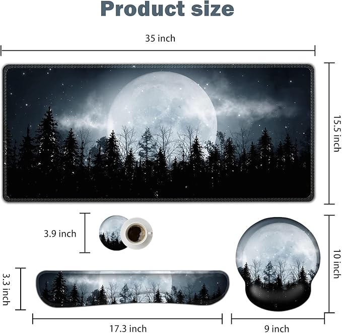 ARTSO Large Mouse Pad Ergonomic Keyboard Wrist Rest Support, Memory Foam Extended Desk Mat Protector, Non-Slip Desk Blotter for Office, Home, Night Moon Forest