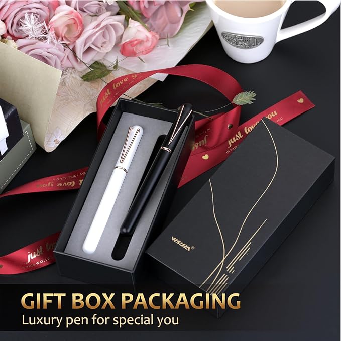 Luxury Rollerball Pen Gift - 2 Pack Roller Ball Pen for Men & Women, 0.5mm Medium Point Black Ink Fancy Office Gift Pen Set,Quick-Dry Smooth Writing Nice Metal Pen for Professionals, Journaling