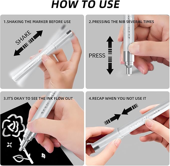 SFAIH Acrylic Silver Paint Pens - 8 Pack 2-3MM Medium Tip & 0.7MM Extra Fine White Paint Marker for Rock Painting, Wood, Metal, Fabric, Canvas, Glass, Ceramic, Diy Crafts