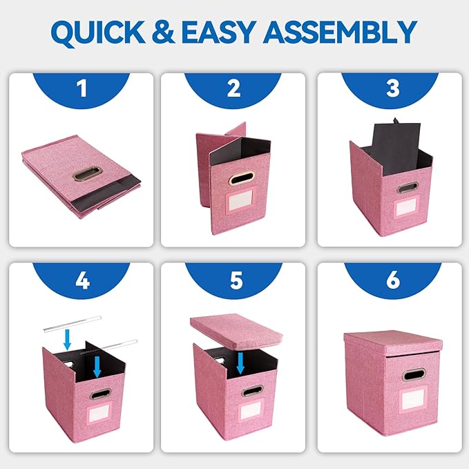 2 Pack Hanging File Folders Organizer with Lid, Letter Size Fabric File Storage Box Collapsible, Portable Office Document Holder with Metal Handle, Smooth PVC Rails, Pink