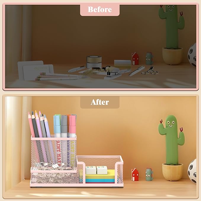SUPEASY Mesh Pen Holder Desk Organizer, Office Supplies Pencil Storage with 3 Compartments, Office Desk Accessories and Workspace Organizers for Home School, Pink