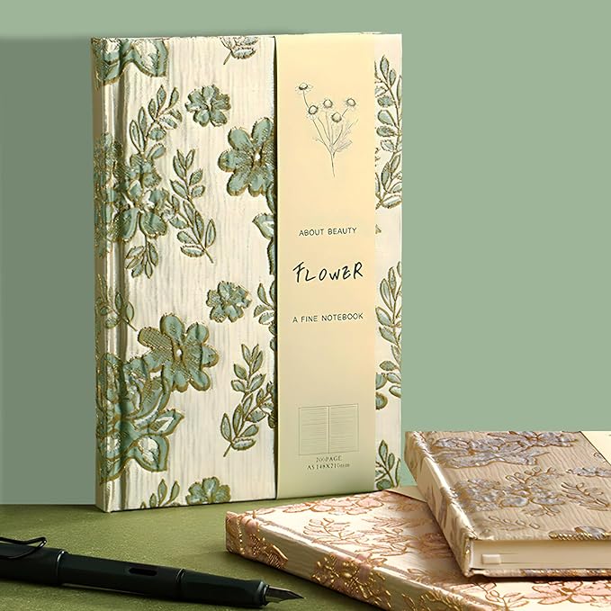 Flower Notebook, Hardcover, Lay Flat, A5, 6x8, Wide Ruled Pages, Writing Journal for Women, Pretty Notebook, Recipe Journal, Garden Journal, Gratitude Journal, Plum Blossom, Green