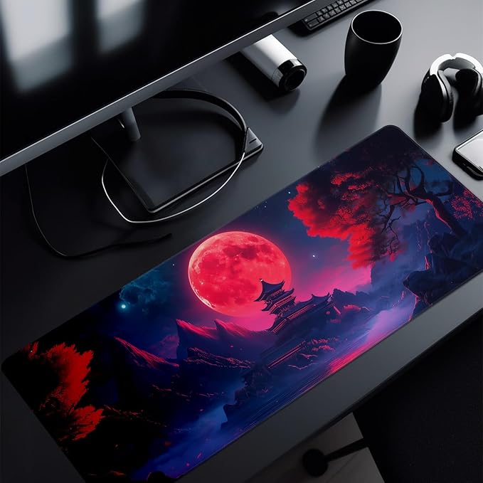 Darkness Red Moon Mouse Pad Abstract Red Mouse Pad 31.5x11.8 Inch Texture Non-Slip Rubber Base Large Mousepad Stitched Edges Keyboard Mouse Mat Desk Pad for Office and Home (Darkness 4)