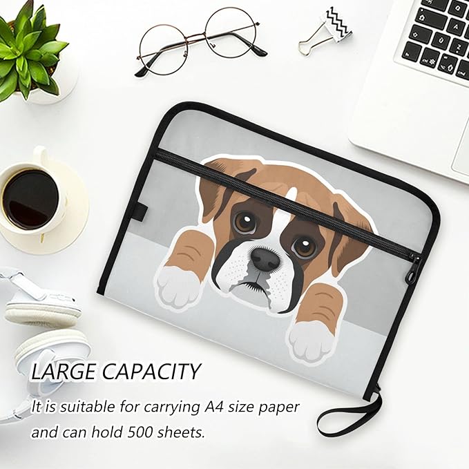 Boxer Dog Puppy Expanding File Folder 13 Pockets with Zipper Cute Dog Expandable Filing Folders Accordion Document Files Organizer for A4 Letter Size Paper