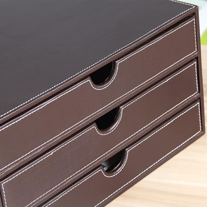 Stackable 3-Drawer Desk Organizer, Executive Office Supplies Desktop Filing A4 File Cabinet/Holder, Leather Storage Box for Document/Paper/Home Decor Accessories (brown)…