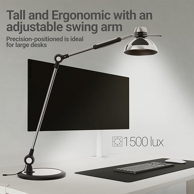 OTUS LED Desk Lamp for Home Office with Gesture Control | Eye-Caring Desk Light 1500 Lux, 12 Brightness & 3 Color | Architect Desk Lamp with Adjustable Swing Arm | Table Light for Work, Study, Reading